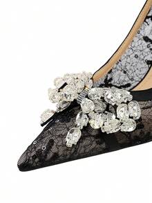 European & American Style Sexy Party High Heel Pumps For Women, Lace Mesh Rhinestone Bow Pointed Toe Low Vamp Shoes - Black - View 7