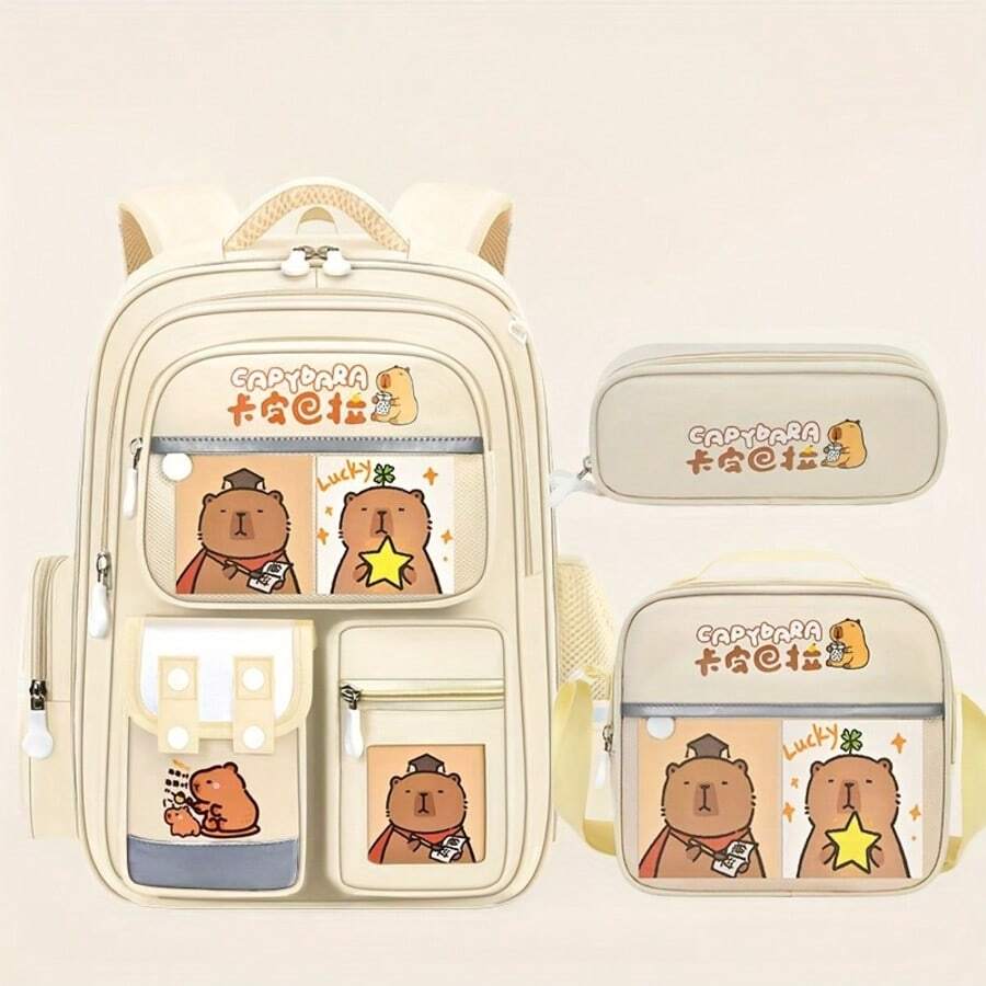 1 Set Fashion Capybara Large Capacity Backpack 3-Piece Set, Printed Design, Backpack + Crossbody Bag + Pencil Case, Back To School Essential, Multiple Colors Available, Perfect Gift For Capybara Lovers - Sets - View 1