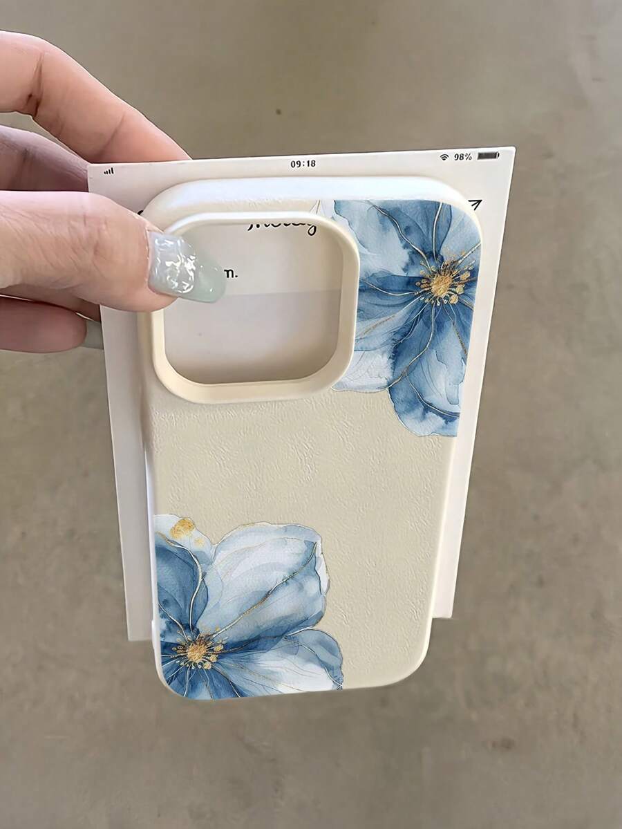 1件 白色斜紋金鑲藍花極簡個性化 TPU 防震全包手機殼,適用於 Apple 18 17 16 15 14 13 12 11 Pro Max Air 及系列 - 彩色 - 查看 1