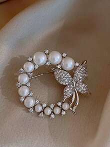 1pc Fashion European & American Alloy Round Rhinestone & Faux Pearl Women's Elegant Costume Brooch Pin - Gold - View 3