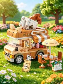 347 PIECES Cute Cat Coffee Truck Building Set, Creative DIY Assembly Toy, Dining Car Style With Outdoor Table And Chairs, Sunshade Umbrella, Desktop Decorative Items, Stress Relief Puzzle Toy, Festival Home Decoration Collection Gift - No Box - View 1