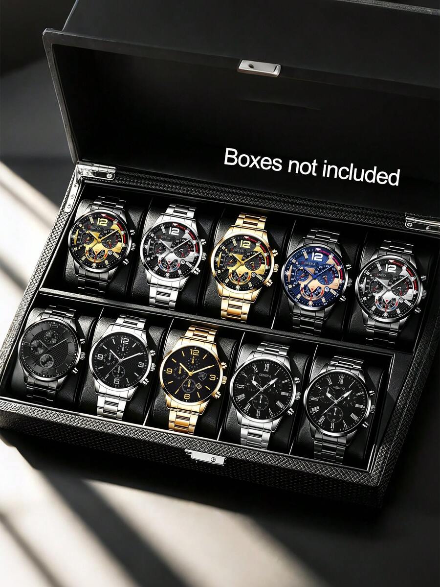 Set Jam Tangan Kalender Bisnis Pria 5/10 buah, Bahan Stainless Steel, Cocok untuk Pemakaian Sehari-hari, Hadiah Liburan