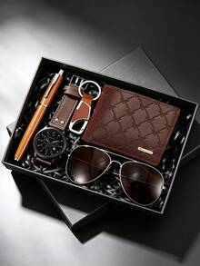 3/5PCS Men's Business Casual Watch Gift Set, Calendar Watch + Keychain + Pen + Brown Glasses + Embossed Wallet, Perfect Gift For Daily Wear And Gifting - Mouldless - View 1
