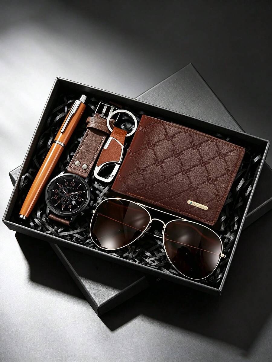 3/5PCS Men's Business Casual Watch Gift Set, Calendar Watch + Keychain + Pen + Brown Glasses + Embossed Wallet, Perfect Gift For Daily Wear And Gifting - Mouldless - View 1