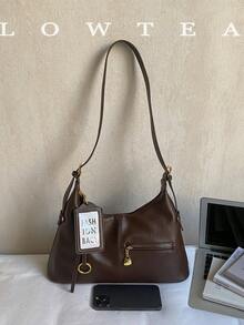 low tea 1pc Fashionable Crescent-Shaped PU Leather Shoulder Bag, Suitable For Commuting, Shopping And More - Coffee - View 4