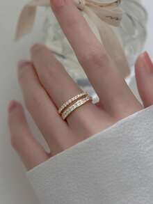 1pc Elegant Minimalist Double Layer Zirconia Geometric Square Full Rhinestone Gold Adjustable Ring, Suitable For Women's Daily Commute, Holidays, Gifts - Gold - View 4