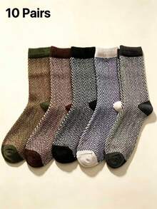 Men's Multi-Color Contrast Striped Ribbed Cuff Cotton Warm Vintage Business Mid-Calf Socks, Autumn/Winter Commute - Multicolor - View 4