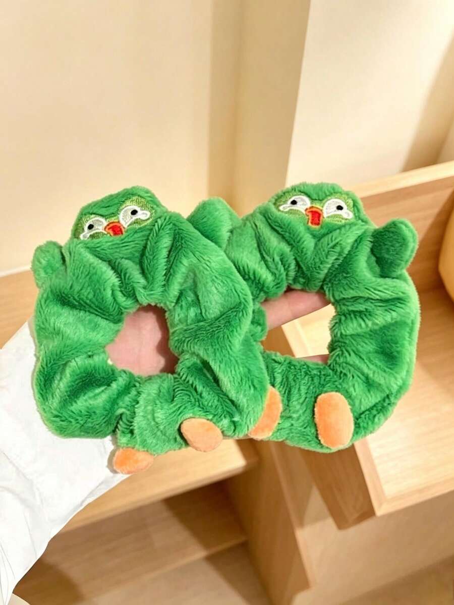1pc Ladies Cute Cartoon Green Plush Owl Hair Scrunchie, Soft Fluffy Elastic Hair Tie For Daily Hairstyle Decoration - Multicolor - View 1