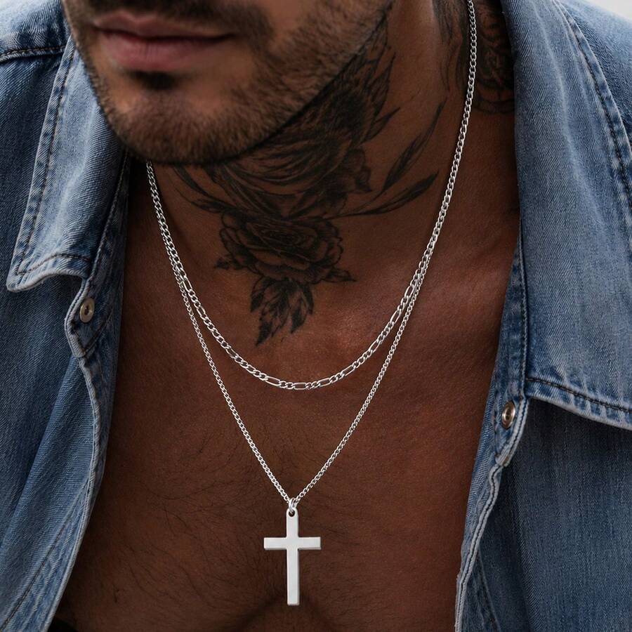 2Pcs/Set Fashion Golden/Silvery Cross Pendant Stainless Steel Chain Layered Necklaces For Men - Cross - View 1
