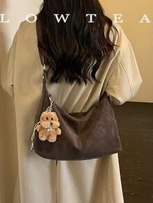 low tea 1pc Crescent Moon Shaped PU Leather Shoulder Bag, Suitable For Commuting, Shopping, Etc. (With Pendant) - Coffee - View 8