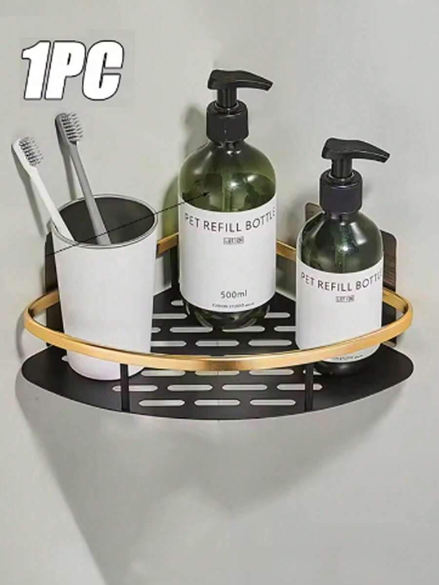 2 piezas Estante de aluminio para champú, estante de almacenamiento de baño, estante de almacenamiento de cocina, estante de ducha, accesorios de baño, estante de almacenamiento montado en la pared sin taladro, adecuado para almacenar cosméticos y artículos de tocador, lavabo, estante de almacenamiento de cocina. - Cesta triangular negra y dorada, 1 unidad. - Ver 1
