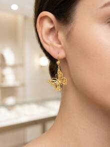 24K Gold Plated Laser Cut Butterfly Pendant Earrings, Rust-Resistant Gold Alternative Delicate Small Textured Metal Jewelry, High-End Jewelry - Butterfly Earrings - View 4