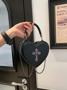 حقيبة يد نسائية قوطية بشكل قلب بقشرة صلبة، حقيبة كروس بودي مزينة بسلسلة متقاطعة، حقيبة صغيرة بأسلوب بانك Y2K فتاة ساخنة لحفلة هالوين - الأسود - مشاهدة 1