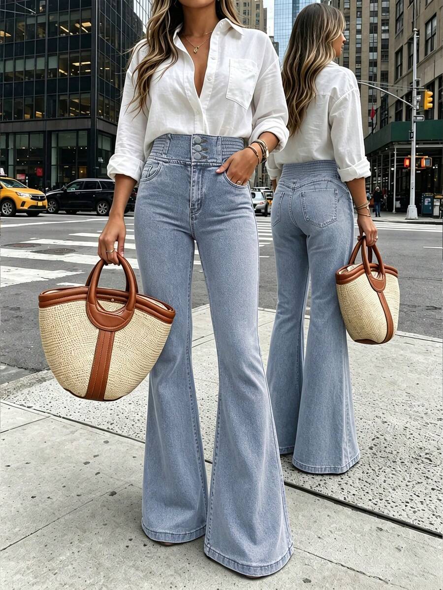 Women's High Waist Tummy Control 3-Button Flared Jeans, Light Blue, No Distressed, Versatile, Height-Enhancing, Drapey Flare Pants - Light Wash - View 1