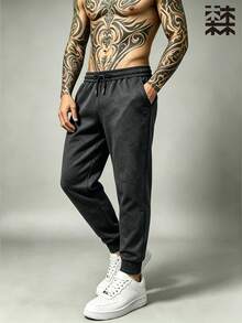 mulinsen Men's Solid Color Fleece Lined Drawstring Joggers, Warm Elastic Cuffed Pockets Sweatpants, Winter Casual Long Pants - Dark Grey - View 4