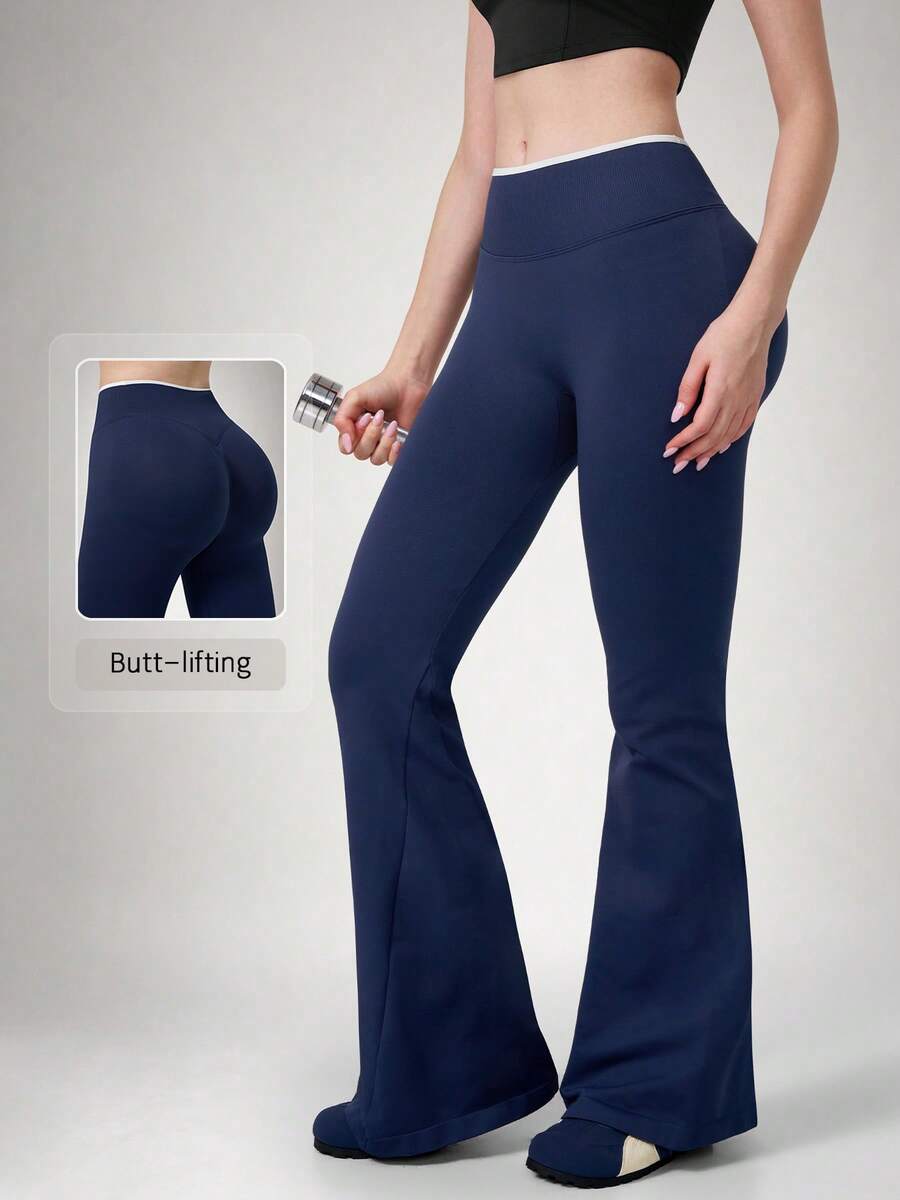 NcmRyu Women's 1pc Colorblock Folded High Waist Waistband Running Gym Yoga Pants With Flared Leg - Navy Blue - View 1