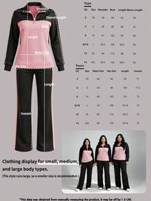 Women's Casual Set, Elegant Sports Suit With Lapel Loose Top And Wide-Leg Pants, 2 Pieces Set, Autumn/Winter Spring - Black + Pink 2 - View 11