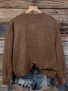 Women's Round Neck Sweater, Faux Knit Swan Print, Autumn/Winter Fashion Style - Dark Ochre - View 2