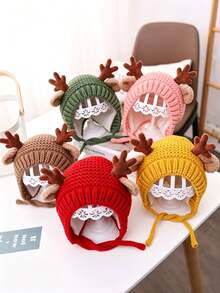 1pc Red Knitted Earflap Hat, Cute Deer Horn Decoration, Soft Lining Warm Knitted Hat With Drawstring, Winter Outdoor Protective Headwear, Suitable For Daily Wear - Multicolor - View 6