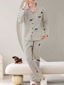 2pcs/Set Men's Pajamas Loungewear Set, Lapel Cardigan Cute Couple Style Long Sleeve Long Pants, Easy Care Fabric - Black and White - View 7