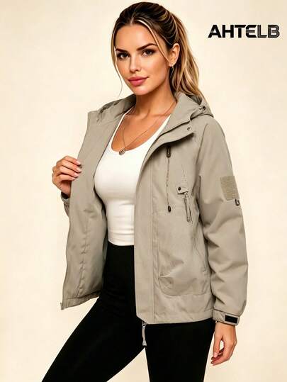 AHTELB Women's Autumn Hooded Casual Thin Jacket, Solid Color Zipper Loose Cardigan, Cuffed Hem Minimalist Commuter Coat, Drawstring Hood Long Sleeve Versatile Top, Drop Shoulder Loose Fit Daily Outerwear, All-Match Solid Color Minimalist Women's Jacket, Gift For Wife, Female Friend, Friend, Wife, Customer, Mother, Waterproof Jacket Women, Rain Coat Waterproof