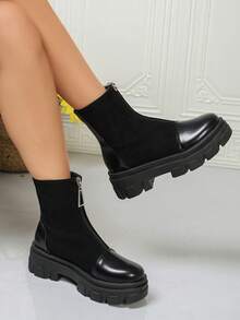 Autumn/Winter Women's Patchwork Ankle Boots With Rhinestones, Zipper, Thick Sole, Height-Increasing, Casual Versatile - Black - View 2