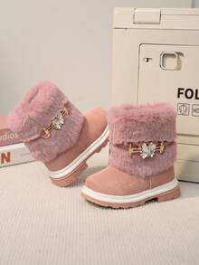 1 Pair Girls' Baby Bow & Rhinestone Decor Lightweight Comfortable Warm Flat Side Zipper Design Snow Boots Ankle Boots Suitable For Daily Outdoor Wear In Autumn/Winter - Pink - View 6