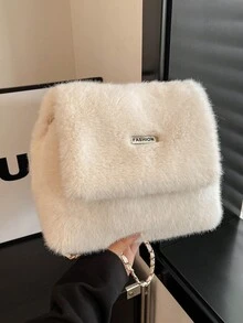 Autumn/Winter New Plush Bag, Solid Color Minimalist Flap Plush Bag, Lightweight Large Capacity Shoulder Crossbody Women's Bag, Chain Square Design, Suitable For Women's Daily Use - White - View 3