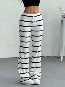Xana Street-Style Ribbed Wide-Leg Pants With Drawstring; Women's Autumn/Winter Trousers; Women's Business-Casual Straight-Leg Pants; Office Wear. - White - View 3