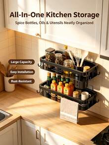 1pc Wall‑Mounted Kitchen Spice Rack, No Drill Double‑Tier Storage Organizer With Utensil Holder & Hooks, Black Metal Seasoning Shelf For Kitchen Counter Space Saving - Kitchen Shelves - View 2
