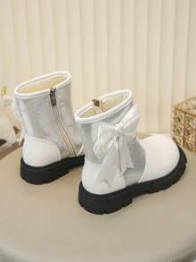 1 Pair Girls' Autumn/Winter Bow-Knot Ankle Boots, Silver Metallic Patchwork Side Zipper Thick Sole Princess Style Comfortable Fashion Kids Boots - White - View 4