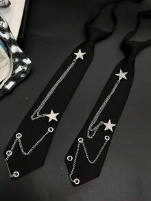 Halloween Hip-Hop Style Tie, Black Pre-Tied Necktie With Silver Star Chain And Rhinestone Decor, Punk Gothic Costume Accessory, Suitable For Men And Women Role Play Party, Student Wear, Holiday Gift - Multicolor - View 8