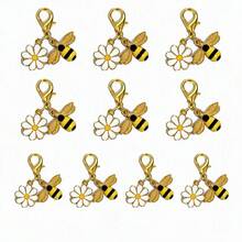 10pcs Alloy Bee & Daisy Bag Charm Keychain Set, Enamel Insect & Flower Pendant, Backpack & Key Decoration, Christmas Gift - White - View 6