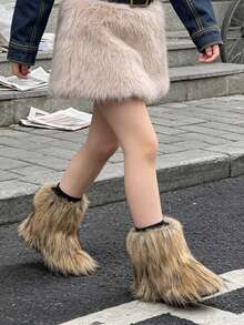 1 Pair Fashionable Children's Personalized Long Fur Plush Ankle Boots, Color-Block Fluffy Fur Ankle Boots, Suitable For Outings, Street Style, Holiday Parties, Autumn/Winter - Brown - View 6