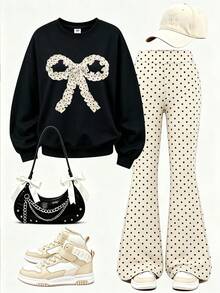 Tween Girls 2 Pieces Outfit, Polka Dot Bow Graphic Crewneck Sweatshirt & Polka Dot Flare Pants Set, Girls Casual Tracksuit - Multicolor - View 2