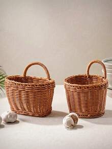 1pc Woven Hanging Basket Wall Mounted Storage Basket, Boho Rattan Hanging Wall Organizer For Plant Lovers, Space Saving Basket For Living Room Bathroom Kitchen Entryway, Hanging Decor Storage For Remote Control Sundries Accessories, Natural Farmhouse - View 2