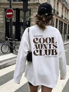 大尺碼女款豹紋「Cool Aunts Club」字母印花長袖T恤，中等彈性圓領寬鬆版型幽默休閒秋季上衣 - 白色 - 查看 3