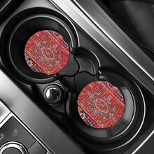 1 Set Of Bohemian Pattern Car Cup Holder Pads, Universal Compatible, Made Of Natural Rubber Anti Slip Polyester Back, Absorbent Knitted Fabric, Cute Cartoon Storage Pad, Used For Vehicle Interior Size 2.8 Inches, Washable, Single Weight 15 Grams - Red Bohemian 2-piece Set - View 5