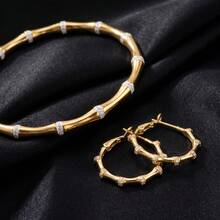 2pcs Elegant 18K Gold Plated White Diamond Bamboo Knot Bracelet & Earrings Jewelry Set, Suitable For Women's Daily Wear, Party And Banquet, Exquisite Gift - Gold - View 2