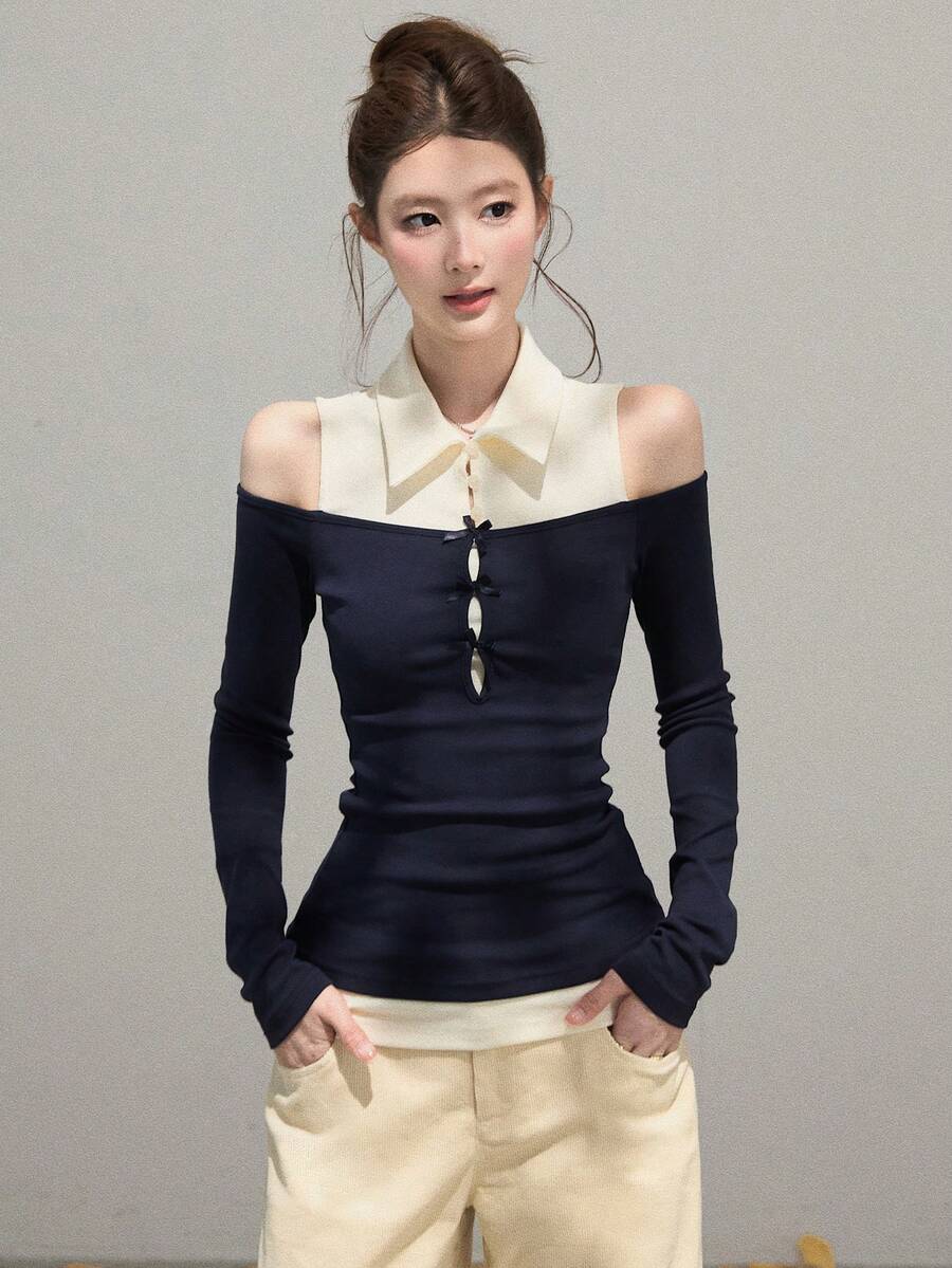 Kaos Lengan Panjang Wanita 2 in 1 dengan Kerah dan Bahu Terbuka, Desain Slim Fit yang Membentuk Pinggang dan Menawan, Atasan Gaya Seksi Serbaguna - Navy Blue - View 1