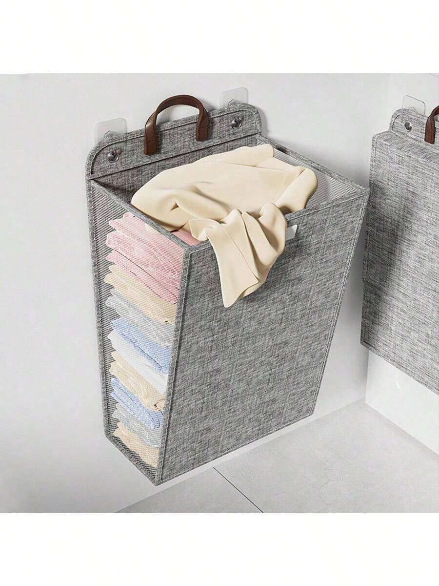 1pc Foldable Laundry Basket, Wall-Mounted Storage Organizer For Home, Bedroom, Dorm - View 1