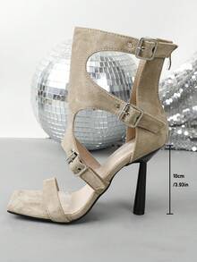 Women's Hollow Out Suede Square Toe Ankle Strap High Heel Boots - Camel - View 3