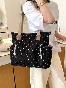 New Korean Style Gentle Polka Dot Bow Decor Large Capacity Multi-Pocket Shoulder Bag, Retro Sweet Lazy Casual Versatile Colorblock Detachable Long Strap Tote Bag, Suitable For Students, Classroom, Commuting, Work, Daily, Shopping, Vacation, Travel - Multicolor - View 7