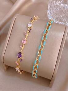 2pcsGold‑Tone Stainless Steel Bracelet, French‑Style Luxe White Enamel Curb Chain Design, Elevate Your Elegant Look - Gold - View 3