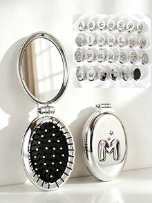 1pc/Mini Portable Foldable 2-In-1 Air Cushion Comb Mirror, Electroplated Metal Shell, Carry Mirror Air Cushion Comb; Luxury Minimalist Style, Silver 26 Letter Star Embossed Oval Shape, Flip Cover Integrated Design, Makeup Touch-Up And Hair Smoothing Dual-Use Makeup Comb, Commuting, Business Trip, Travel, Gift, Daily Use - Portable Cushion Brush With Mirror - View 2