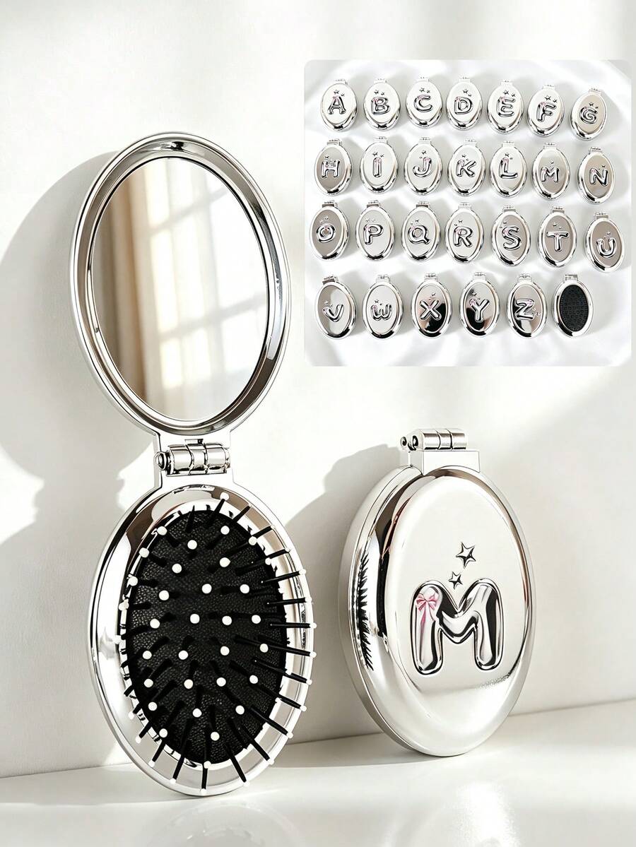 1pc/Mini Portable Foldable 2-In-1 Air Cushion Comb Mirror, Electroplated Metal Shell, Carry Mirror Air Cushion Comb; Luxury Minimalist Style, Silver 26 Letter Star Embossed Oval Shape, Flip Cover Integrated Design, Makeup Touch-Up And Hair Smoothing Dual-Use Makeup Comb, Commuting, Business Trip, Travel, Gift, Daily Use