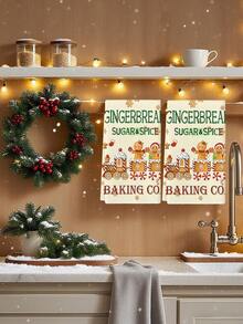 2pcs Christmas Gingerbread Sugar And Spice Print Kitchen Towels, Baking Company Cookie Design Dish Cloths, Suitable For Kitchen Cleaning & Christmas Decor - White - View 3
