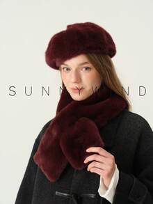 1 Set Women's Solid Color Sweet Elegant Versatile Faux Fur Beret Hat And Scarf Set, Warm For Autumn/Winter, Suitable For Daily Wear - Burgundy - View 3
