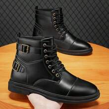 Men's High Gloss Pure Black Thick Sole Height Increasing Boots, Oxford Boots And Dress Boots - Black - View 7