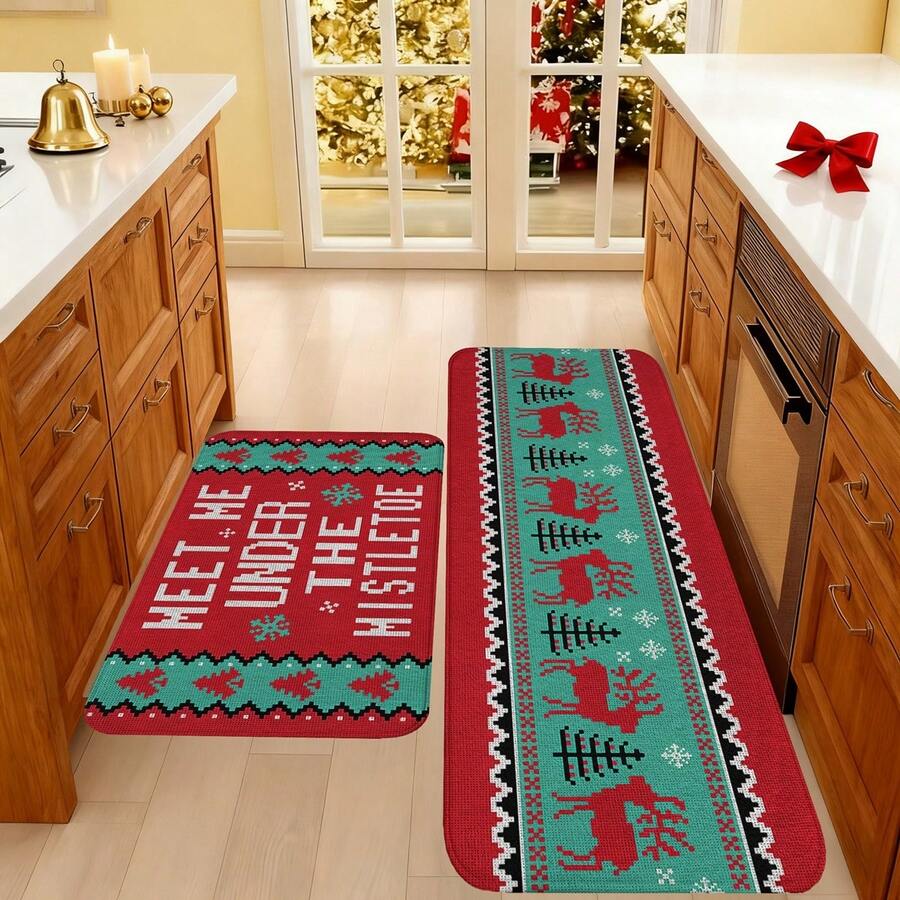 1/2/3pcs Christmas Theme Kitchen Rug, Flannel Kitchen Mat With Red And Green Reindeer And Spruce Pattern, Soft Comfortable Absorbent Non-Slip Machine Washable With Non-Slip Backing, Suitable For Entryway, Living Room, Bedroom, Kitchen, Dining Room, Bathroom, Laundry Room, Hallway, Patio, Multi-Functional Home Holiday Decor Mat - Multicolor - View 1